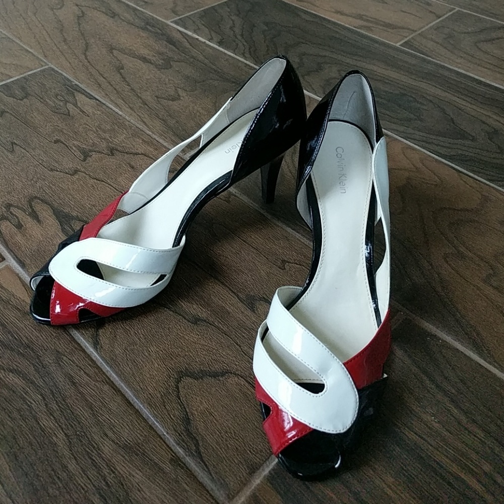 Calvin Klein Red Black and White Peep Toe Heels